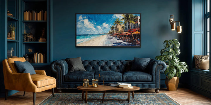 Colorful Miami Beach oceanfront cityscape canvas print featuring palm trees and a vibrant boardwalk.