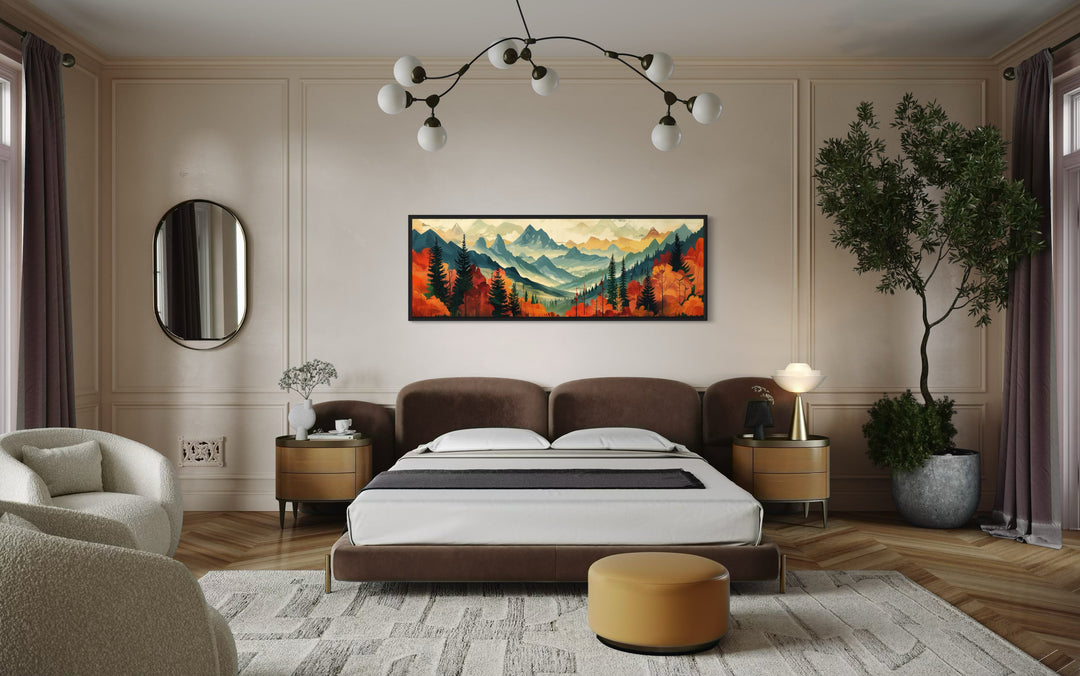 Mid Century Modern Autumn Mountains Forest Horizontal Above Bed Canvas Wall Art