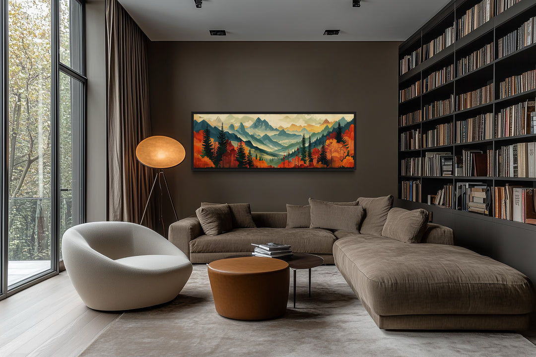 Mid Century Modern Autumn Mountains Forest Horizontal Above Bed Canvas Wall Art