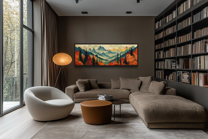 Mid Century Modern Autumn Mountains Forest Horizontal Above Bed Canvas Wall Art