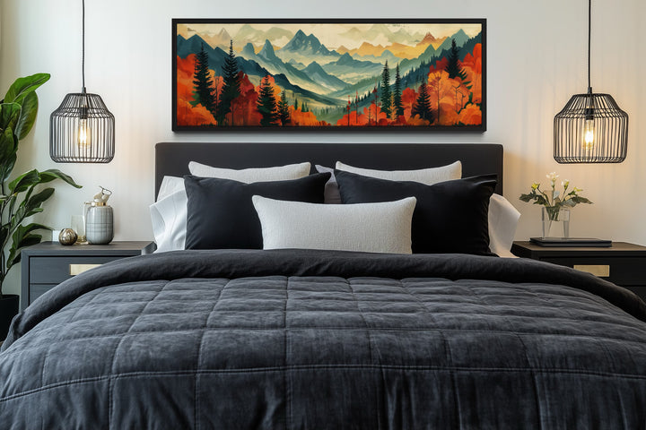 Mid Century Modern Autumn Mountains Forest Horizontal Above Bed Canvas Wall Art
