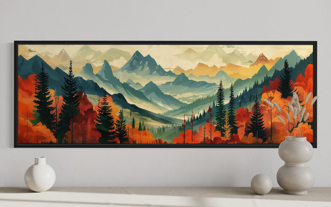 Mid Century Modern Autumn Mountains Forest Horizontal Above Bed Canvas Wall Art