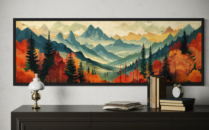 Mid Century Modern Autumn Mountains Forest Horizontal Above Bed Canvas Wall Art