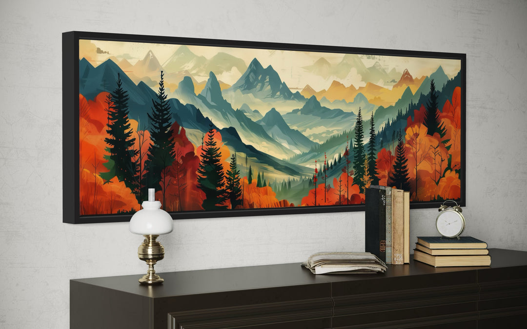 Mid Century Modern Autumn Mountains Forest Horizontal Above Bed Canvas Wall Art