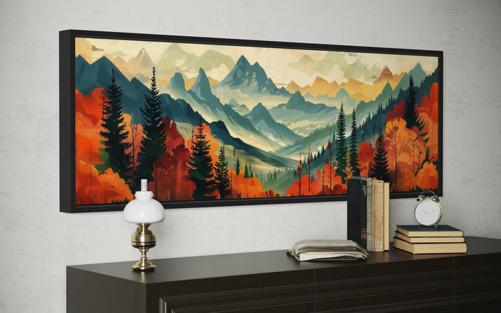 Mid Century Modern Autumn Mountains Forest Horizontal Above Bed Canvas Wall Art