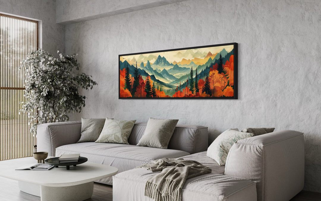 Mid Century Modern Autumn Mountains Forest Horizontal Above Bed Canvas Wall Art