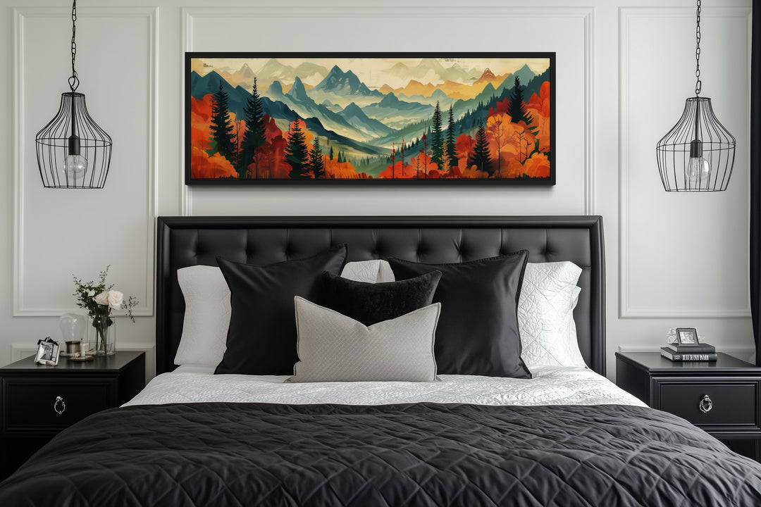 Mid Century Modern Autumn Mountains Forest Horizontal Above Bed Canvas Wall Art