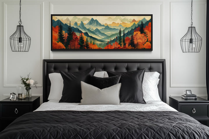 Mid Century Modern Autumn Mountains Forest Horizontal Above Bed Canvas Wall Art