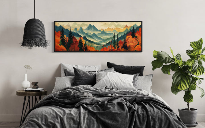 Mid Century Modern Autumn Mountains Forest Horizontal Above Bed Canvas Wall Art