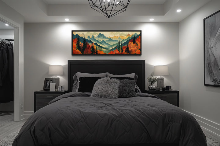 Mid Century Modern Autumn Mountains Forest Horizontal Above Bed Canvas Wall Art