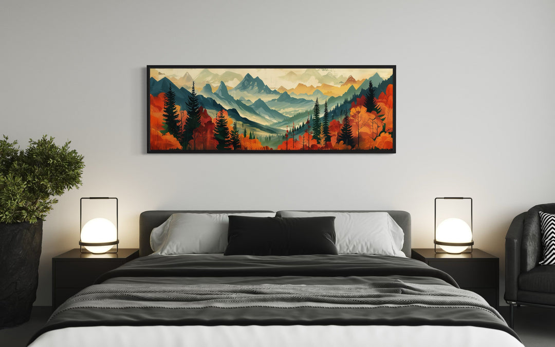 Mid Century Modern Autumn Mountains Forest Horizontal Above Bed Canvas Wall Art