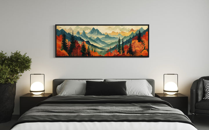 Mid Century Modern Autumn Mountains Forest Horizontal Above Bed Canvas Wall Art