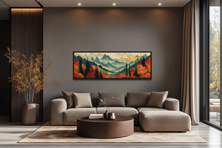 Mid Century Modern Autumn Mountains Forest Horizontal Above Bed Canvas Wall Art