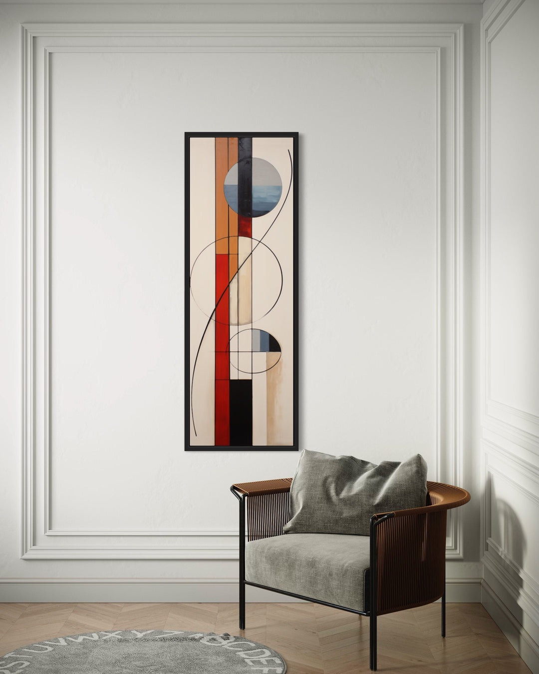 Mid Century Modern Beige Red Blue Geometric Tall Narrow Framed Canvas Wall Art