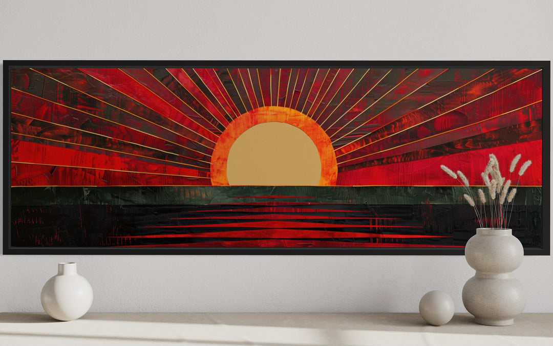 Mid Century Modern Black Red Long Horizontal Sun Wall Art