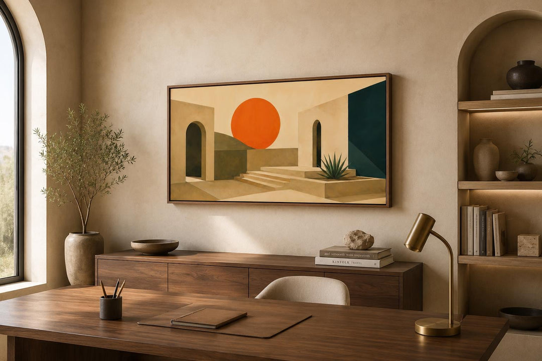 Horizontal canvas print of abstract terracotta archways and a large orange sun above a wooden desk.