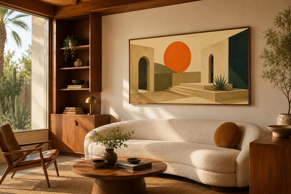 Mid Century Modern abstract sunset canvas print with terracotta archways above a curved sofa.
