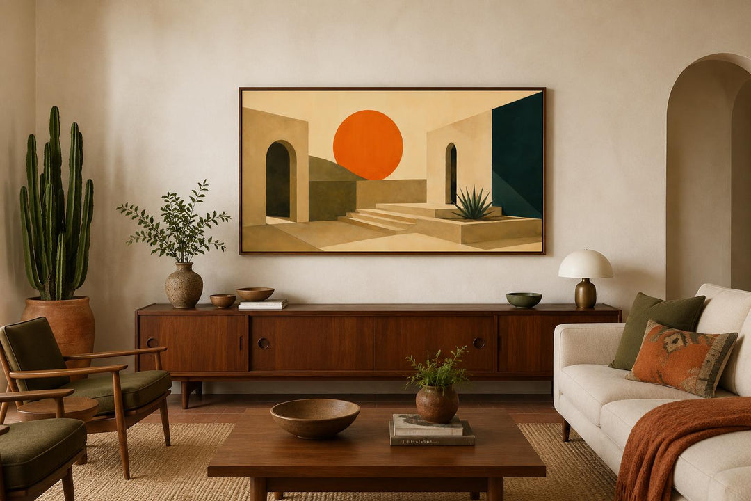 Mid Century Modern canvas print featuring abstract terracotta archways and a large orange sun.