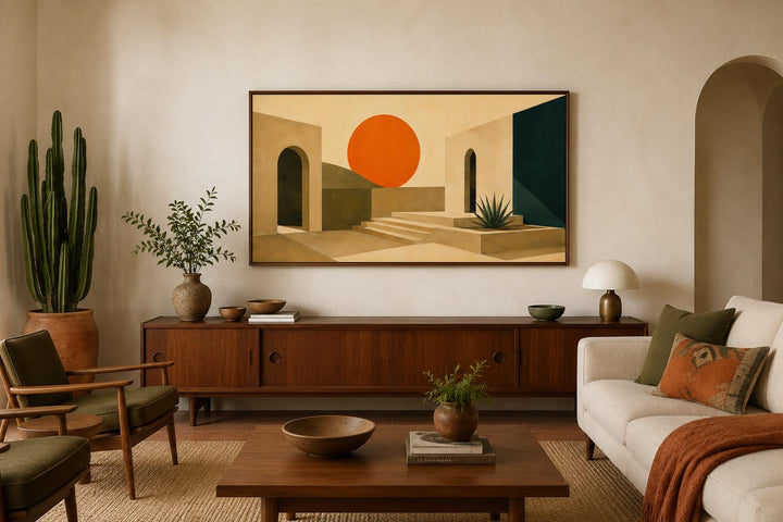 Mid Century Modern canvas print featuring abstract terracotta archways and a large orange sun.