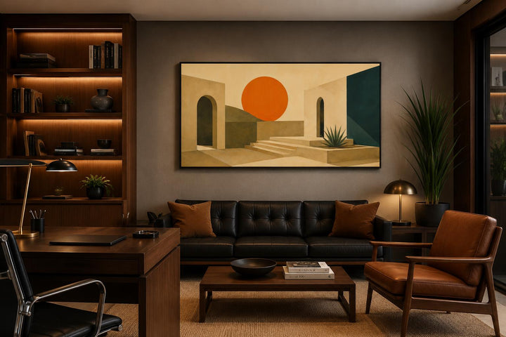 Horizontal canvas print of an abstract desert sunset with terracotta archways in a modern office.