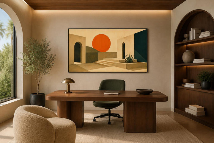 Mid Century Modern abstract sunset canvas with terracotta archways above a wooden office desk.