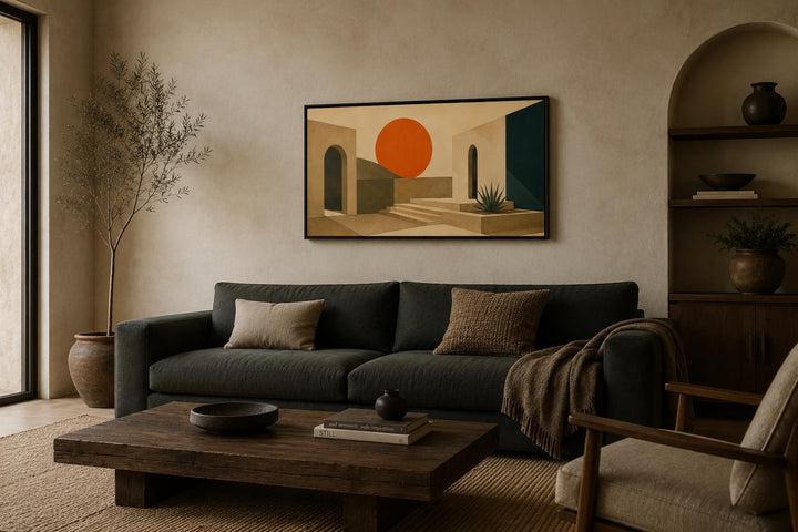 Mid Century Modern abstract sunset canvas with terracotta archways above a dark grey sofa.