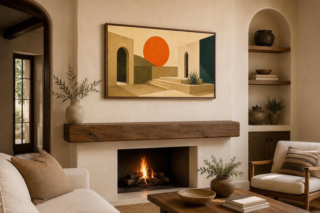 Mid Century Modern canvas with abstract orange sun and terracotta archways above a fireplace.