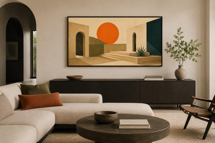 Mid-century modern horizontal canvas print with abstract terracotta archways and a large orange sun.