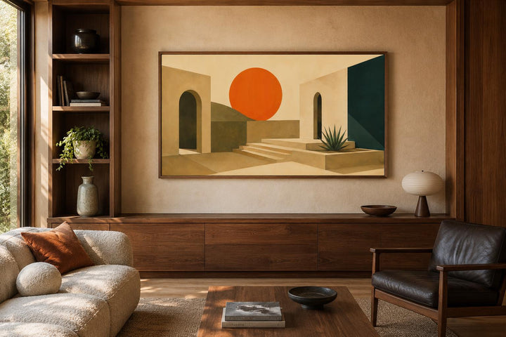 Abstract sunset art canvas with orange sun and terracotta archways above a wooden media console.