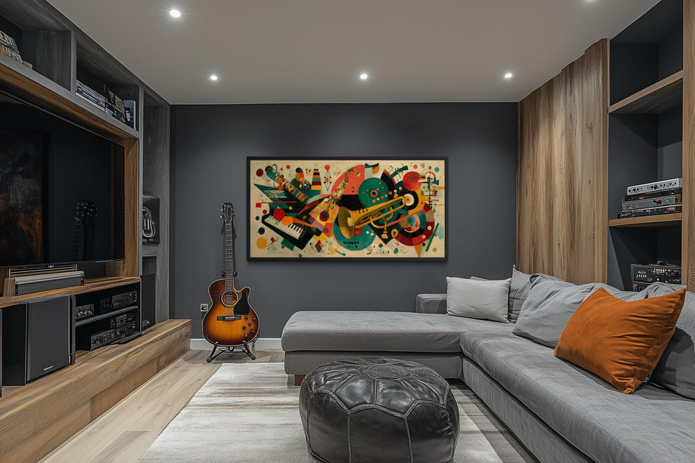 Mid-century modern colorful jazz instruments wall art canvas print in a contemporary living room.