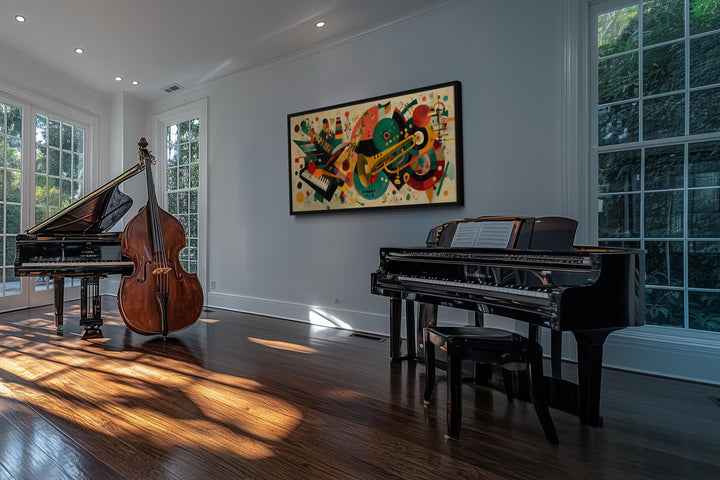 Mid-century modern abstract jazz instruments canvas print displayed in a music room.