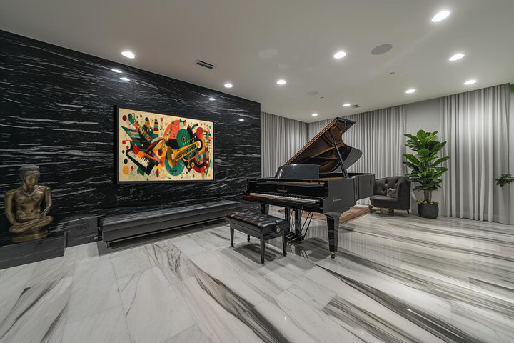 Mid-century modern colorful jazz instruments wall art canvas print in a retro music room setting.