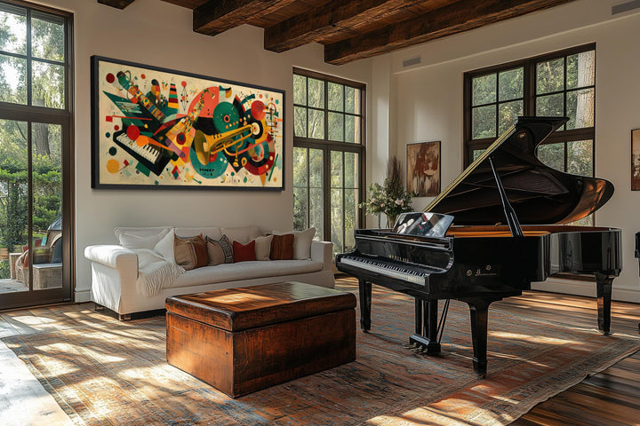 Mid Century Modern colorful jazz instruments canvas print in a retro music-themed living room.
