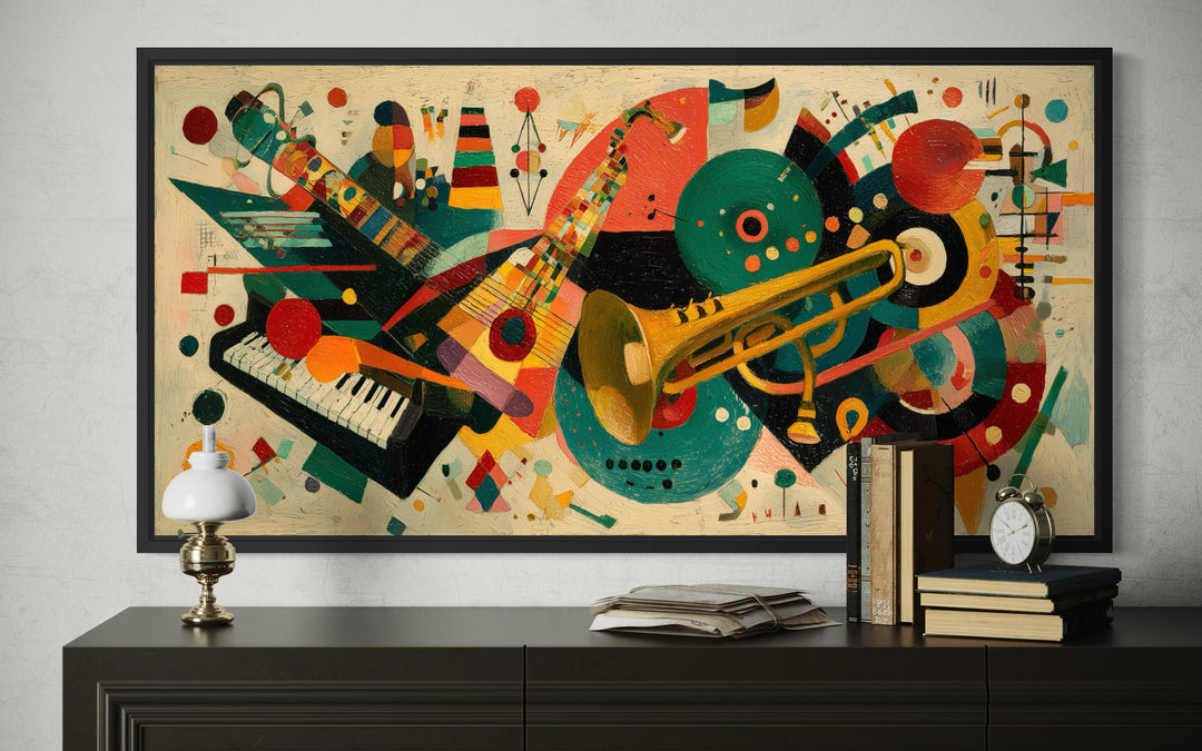 Mid century modern canvas print featuring colorful abstract jazz instruments on a dark sideboard.