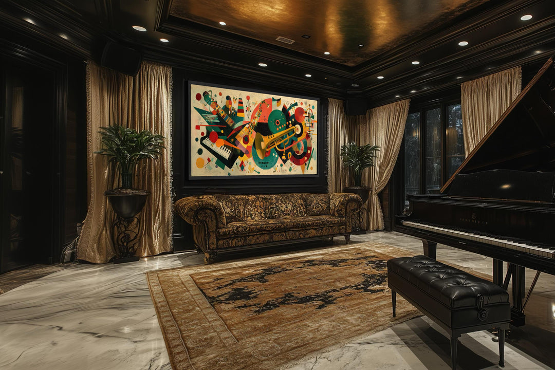 Mid Century Modern colorful jazz instruments canvas print in a luxurious music room setting.