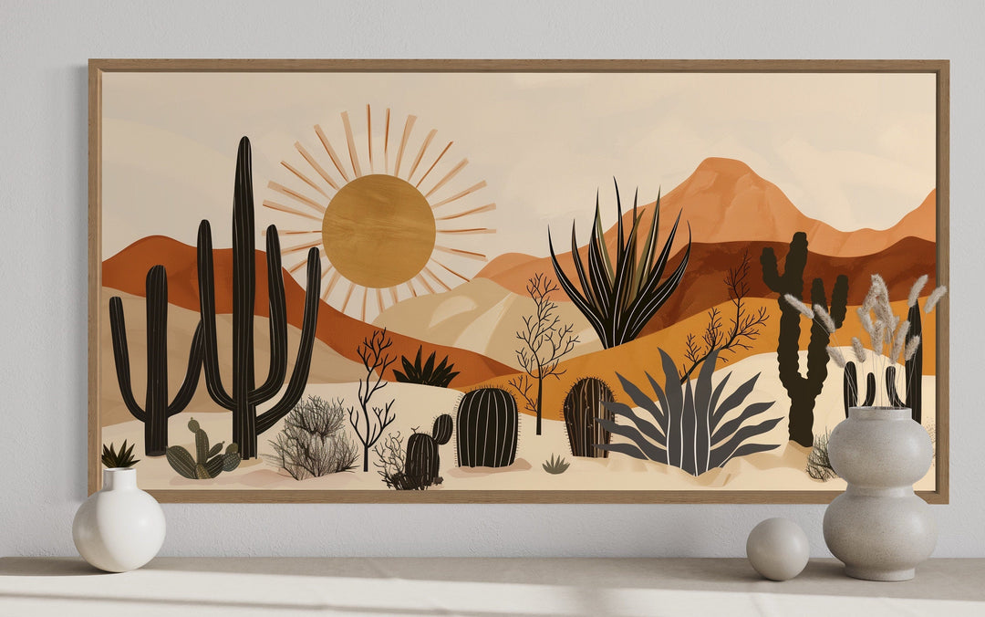 Mid Century Modern Desert Cactus Mexican Framed Canvas Wall Art