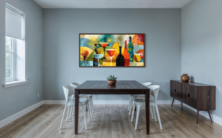 Mid-century modern dining room wall art featuring a retro cocktail bar canvas print.