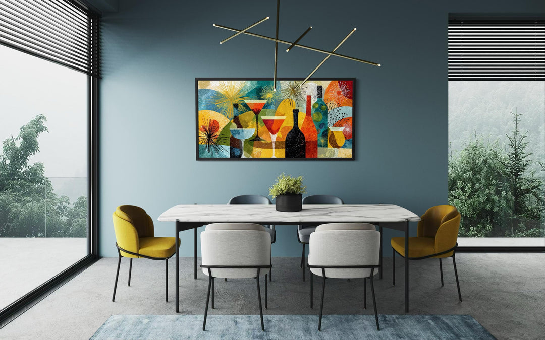 Mid Century Modern panoramic canvas print of a retro cocktail bar above a dining table.