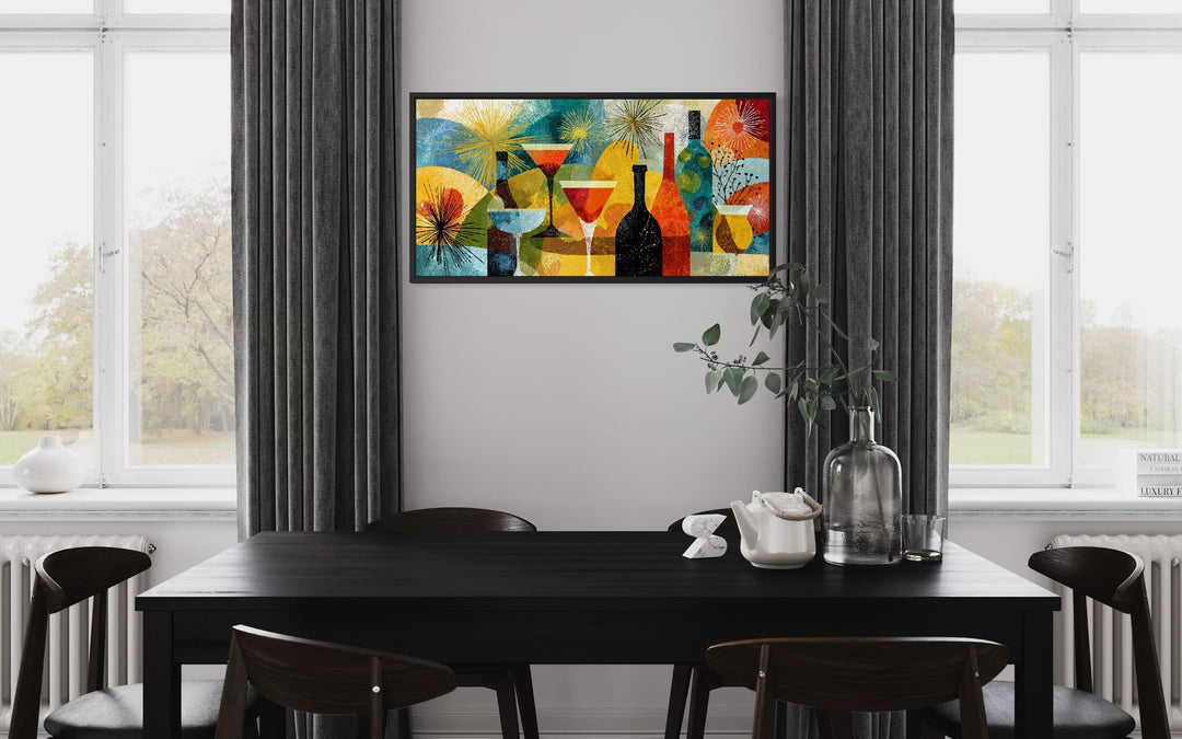 Mid Century Modern panoramic canvas print of a retro cocktail bar hanging in a dining room.