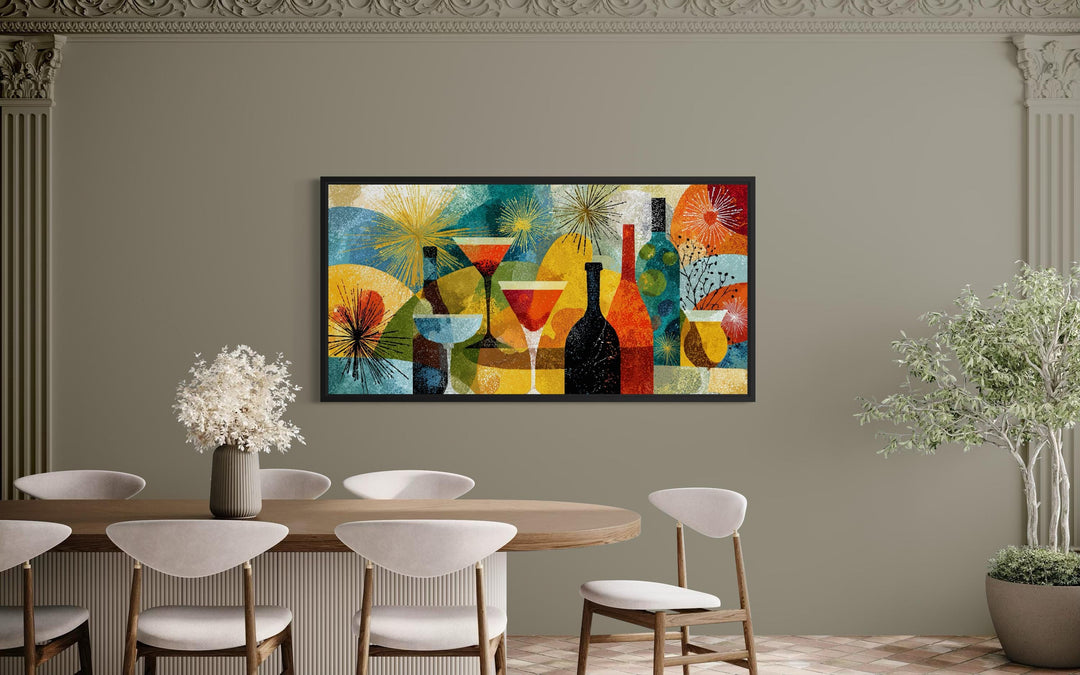 Mid-century modern panoramic canvas print of a retro cocktail bar hanging in a neutral dining room.