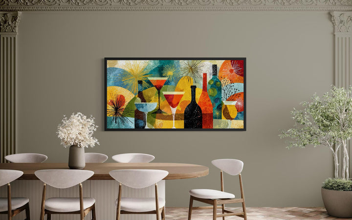 Mid-century modern panoramic canvas print of a retro cocktail bar hanging in a neutral dining room.