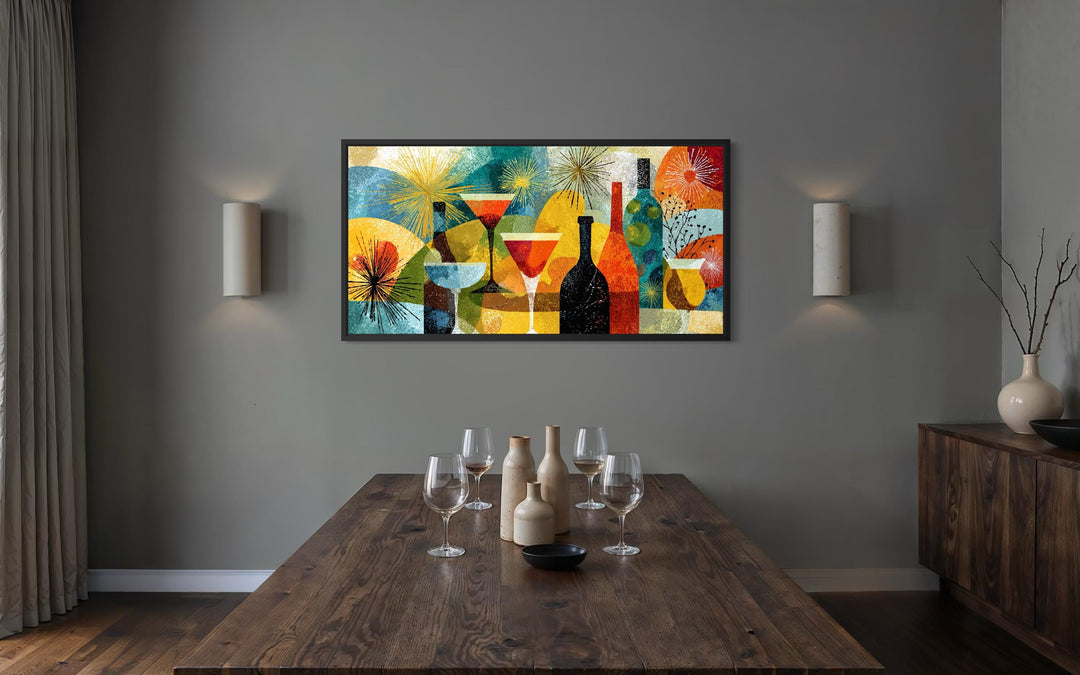 Mid Century Modern retro cocktail bar canvas print hanging in a contemporary dining room.