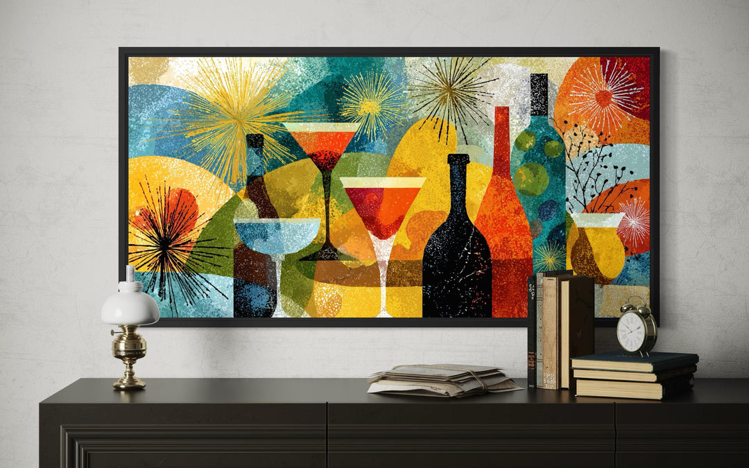 Mid Century Modern retro cocktail bar canvas print with martini glasses and bottles on a wall.