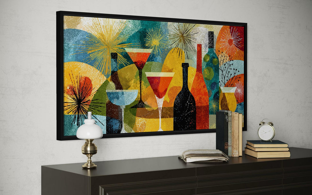 Mid-century modern panoramic canvas print of a retro cocktail bar scene above a dark wood sideboard.