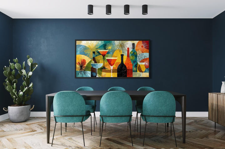 Mid-century modern panoramic canvas print of a retro cocktail bar above a dining table.