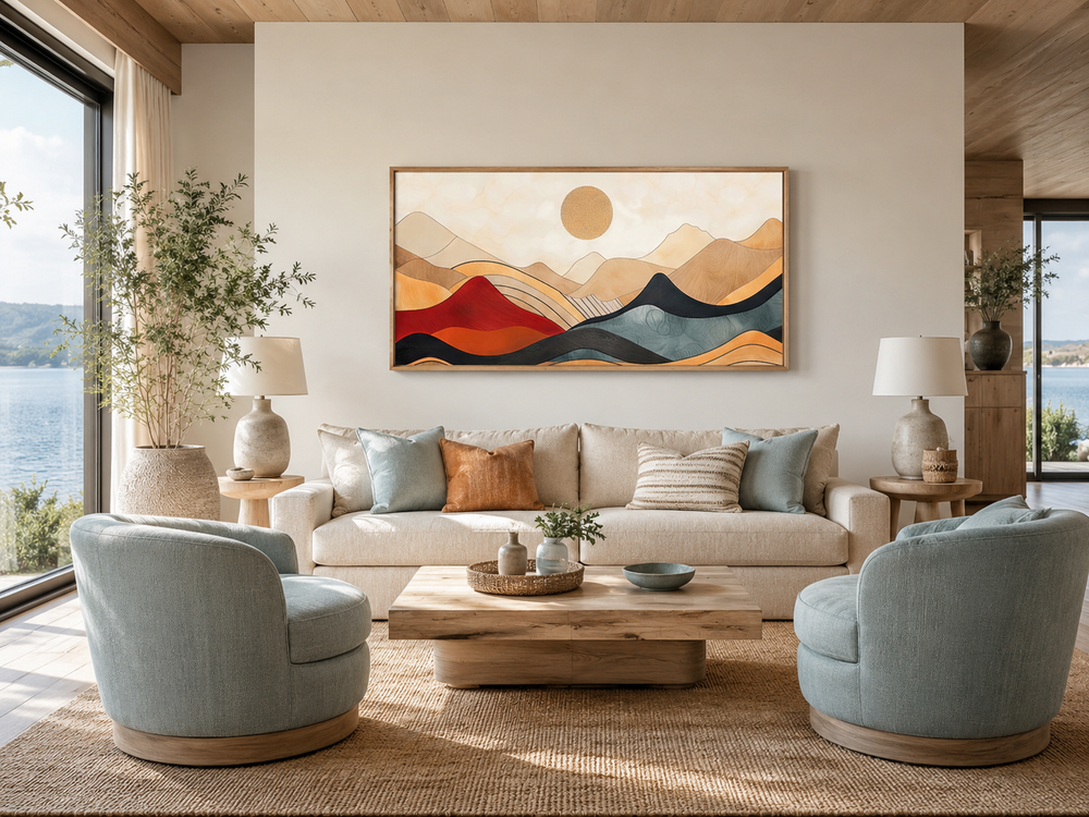 Extra large mid century modern mountain canvas wall art in a wooden frame above a beige sofa.