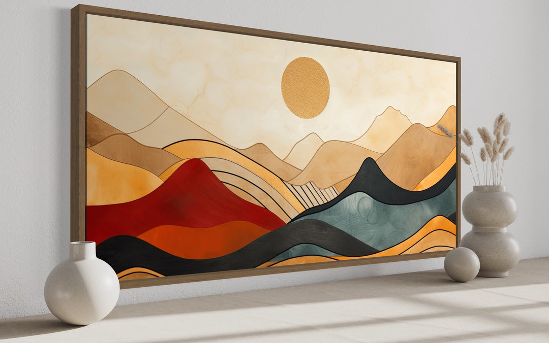 Extra large mid-century modern canvas art featuring abstract mountains in red, orange, and teal.