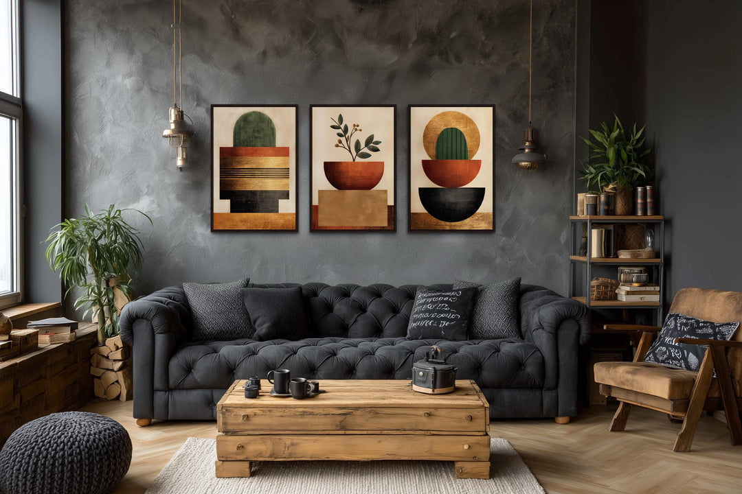 Mid Century Modern Geometric Botanical Plants Earth Tones Wall Art Set of 3