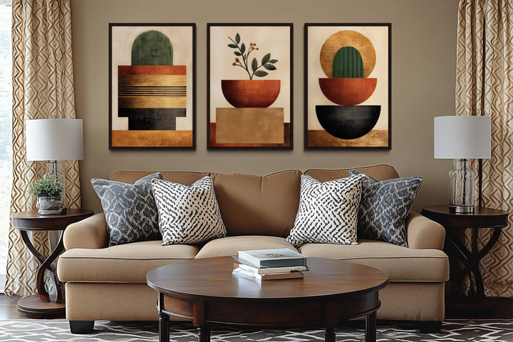 Mid Century Modern Geometric Botanical Plants Earth Tones Wall Art Set of 3