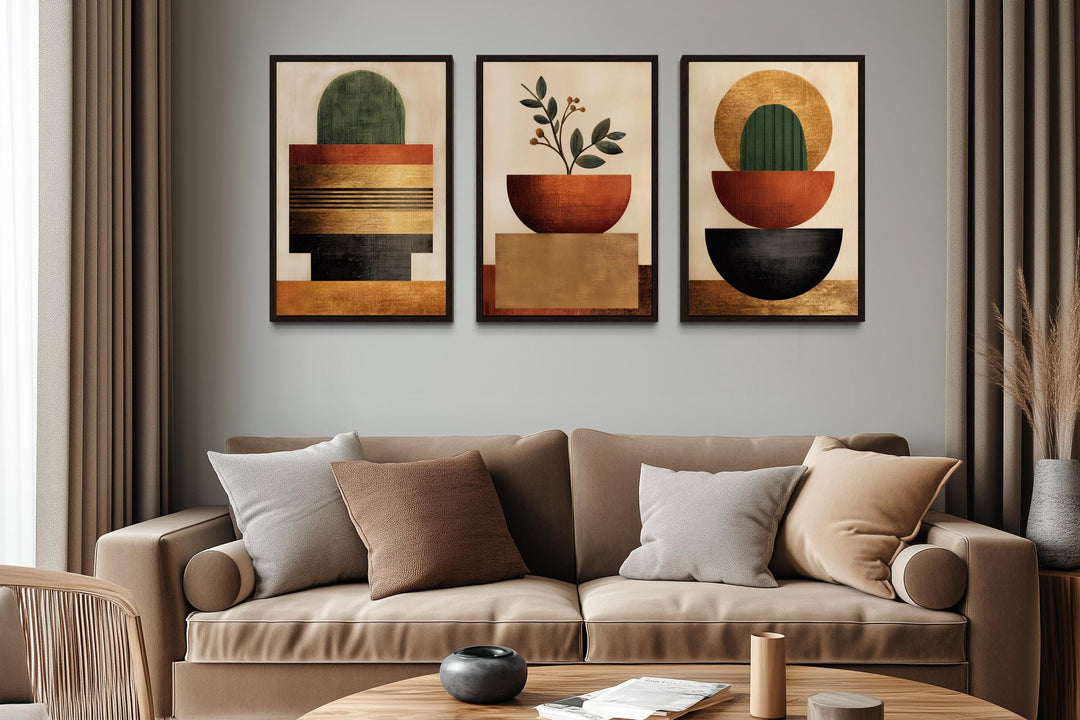Mid Century Modern Geometric Botanical Plants Earth Tones Wall Art Set of 3